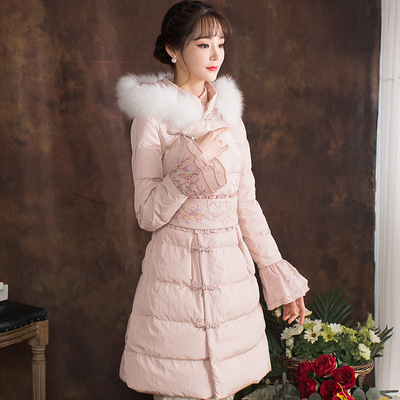 羽绒服女2019新款中长款民族风绣花中式冬季复古盘扣毛领修身加厚|ru