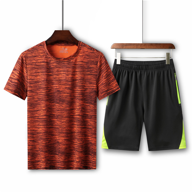 Trajes deportivos de verano delgados para hombres, ropa de ejercicio, pantalones cortos de cinco puntos, camisetas de secado rápido, juegos de verano de dos piezas