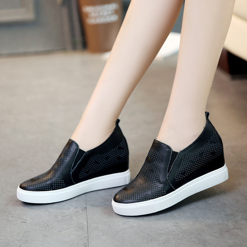 Inner height-increasing white shoes for women 2024 new hollow loafers wedge single shoes thick sole casual lazy shoes genuine leather