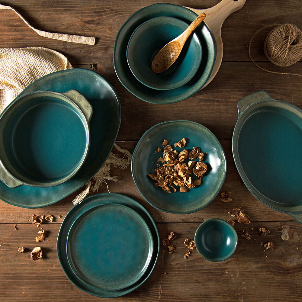 Vajilla de cerámica simple vajilla de color blanco oscuro plato de forma especial disco de doble oreja tazón de pudín restaurante utensilios para el hogar