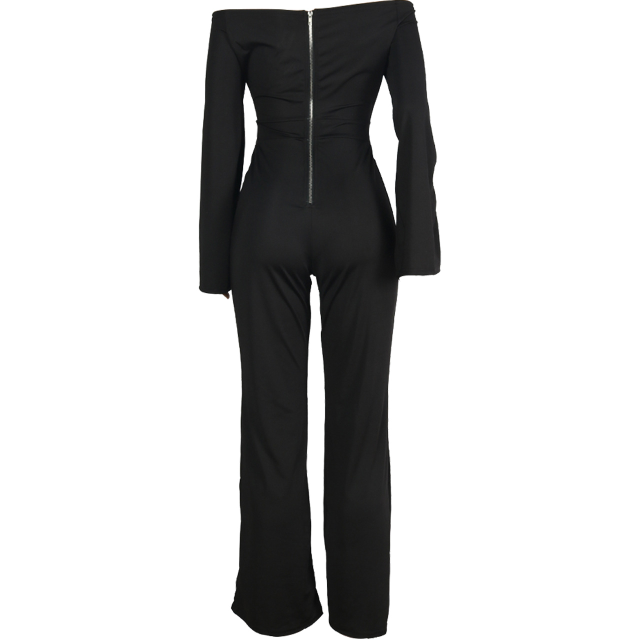 Boutique Casual Solid Color Long Sleeves Cropped off Shoulder Jumpsuit