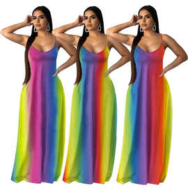 A6037 连衣裙 欧美跨境女装亚马逊吊带彩虹扎染波西米亚拖地长裙