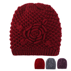 冬天帽子女純色加厚女士毛線帽粗線針織花朵時尚中老年針織帽