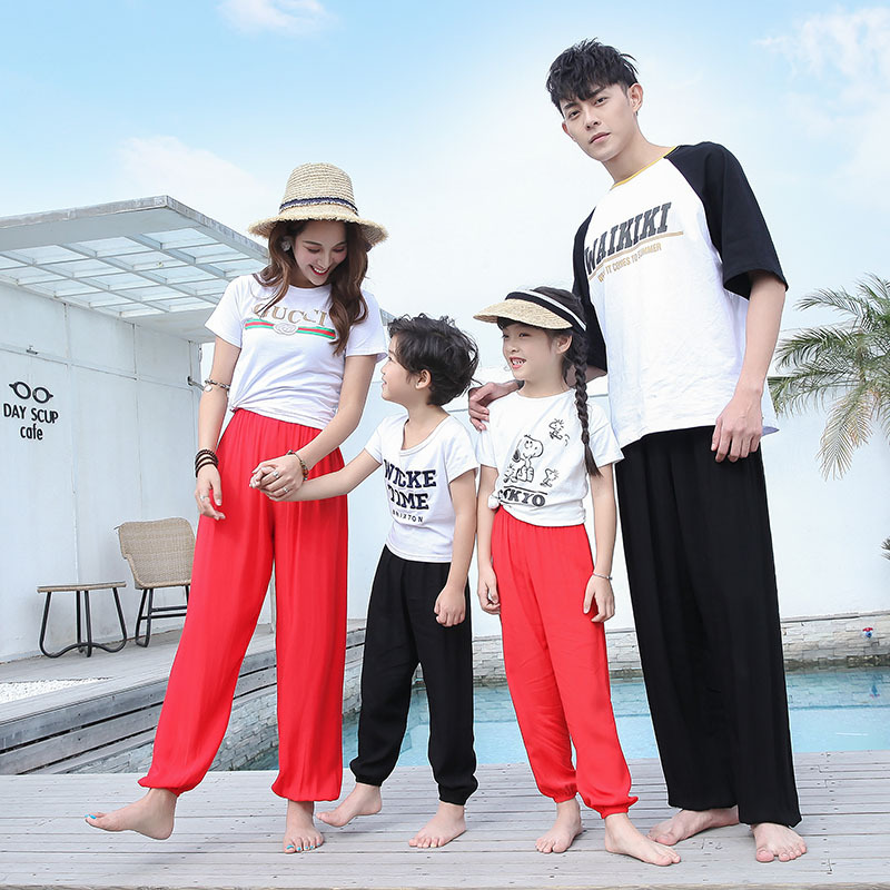 Children's anti mosquito pants summer thin adult children's parent-child boys' and girls' cotton silk lantern pants solid color pants