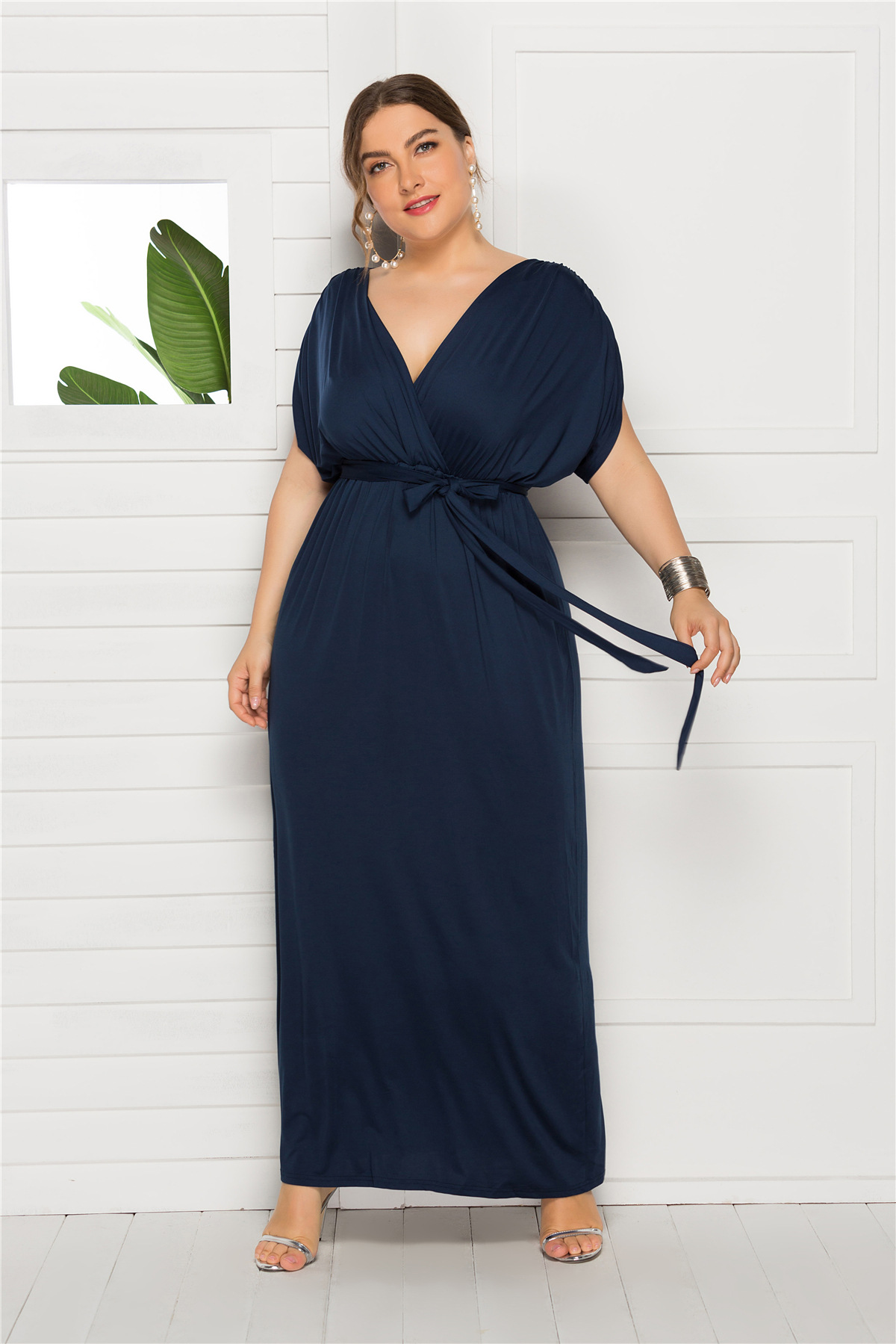 plus size new sexy solid color V-neck loose big dress NSLM30324