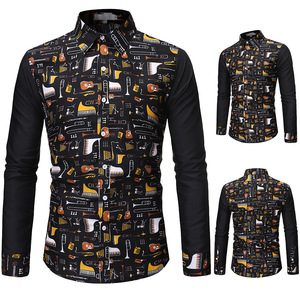 Men’s fashion printed business casual long sleeve slim shirt