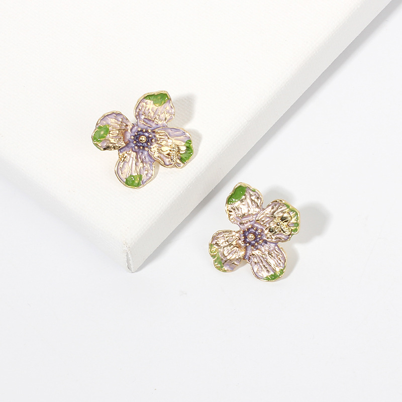 12g Weight Earrings Classification Wedding, Travel Occasion Women'S Gender Purple, Yellow Color Korean Fashion Dripping Oil Flower Earrings 5