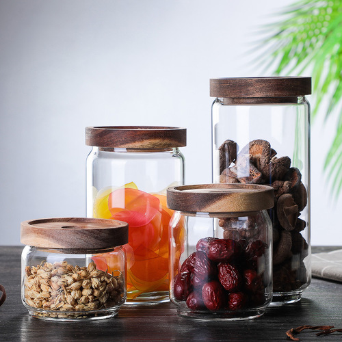 Manufacturer wholesale glass sealed jar coffee bean storage jar grain storage jar tea jar large acacia wood lid