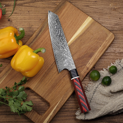 大马士革VG10钢厨师刀 G10红黑八角柄 手工锻打羽毛纹切片料理刀