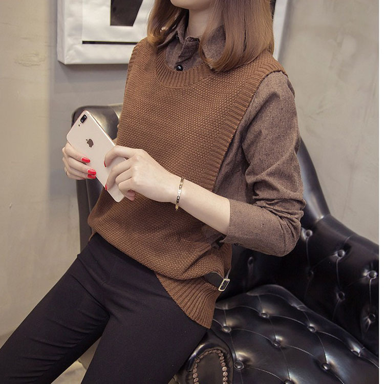 春装女新款衬衣领毛衣外套女韩版宽松假两件套针织马甲拼接上衣女|ms