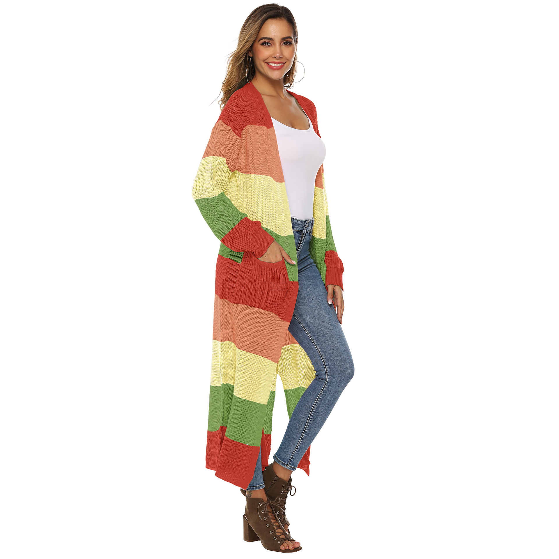 color stitching stripes slit big pockets long jacket NSOY26842