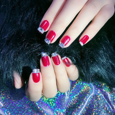 网红美甲法式镶钻假指甲 红色穿戴可拆卸美甲新娘指甲贴 美甲工具|ms