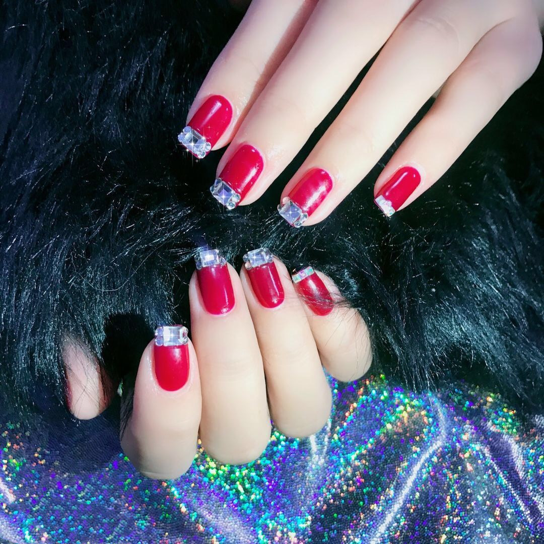 网红美甲法式镶钻假指甲 红色穿戴可拆卸美甲新娘指甲贴 美甲工具|ms