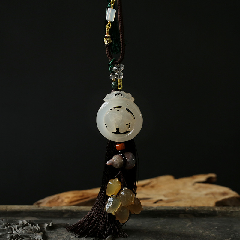 高档汽车挂件饰品 天然玉髓大象汽车车内挂饰车上女车载 流苏款