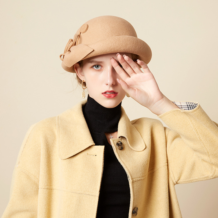 Party hats Fedoras hats for women Hat Women season woolen hat round top  curled small pot cap flower felt hat