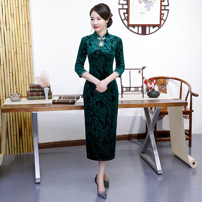 Plush thickening cheongsam Adidas Three Quarter Sleeve Jinsirong Large middle age old age Self cultivation have more cash than can be accounted for cheongsam