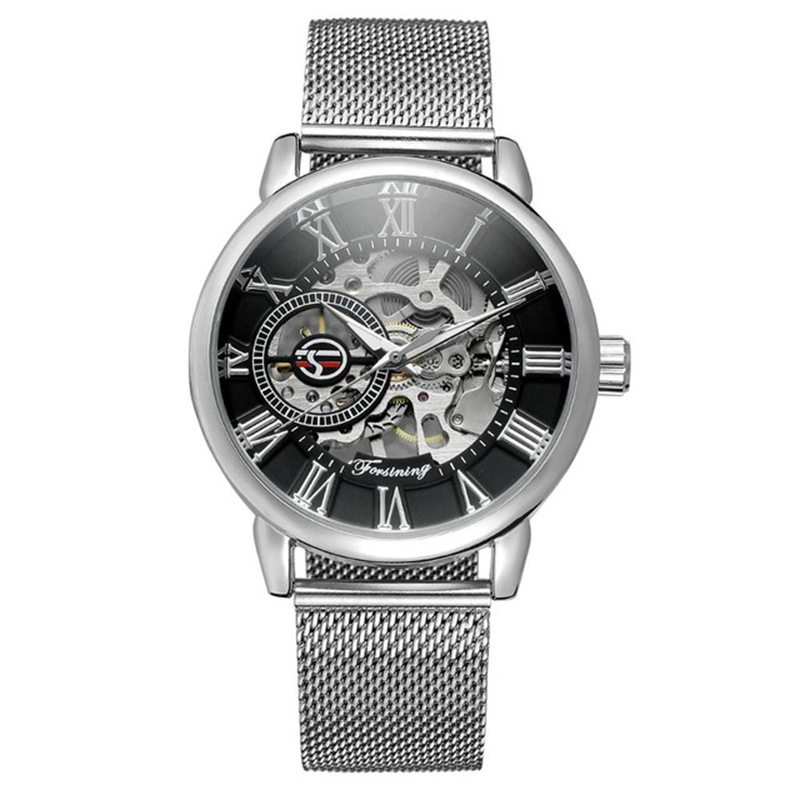 Forsining Fusini reloj mecánico manual para hombre Golden Hollow-out transparente inferior Milan metal malla Correa reloj 099