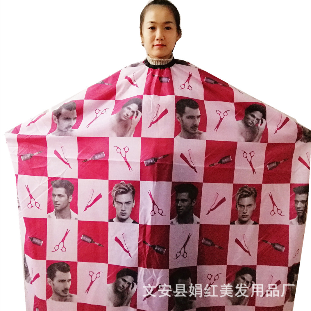 圍布廠家定做印花圍布紅白方格理發圍布不粘發圍裙剪刀美發圍布