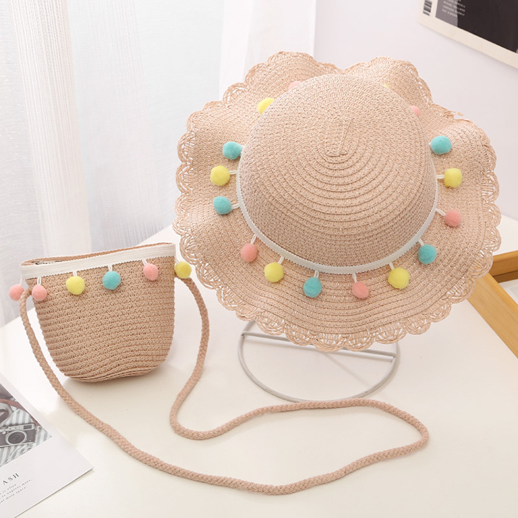 Children's Hats Girls Summer Shade Sunscreen Seaside Sun Hats Sweet Cute Crossbody Bag Colored Ball Lotus Leaf Straw Hat Wholesale Nihaojewelry display picture 4