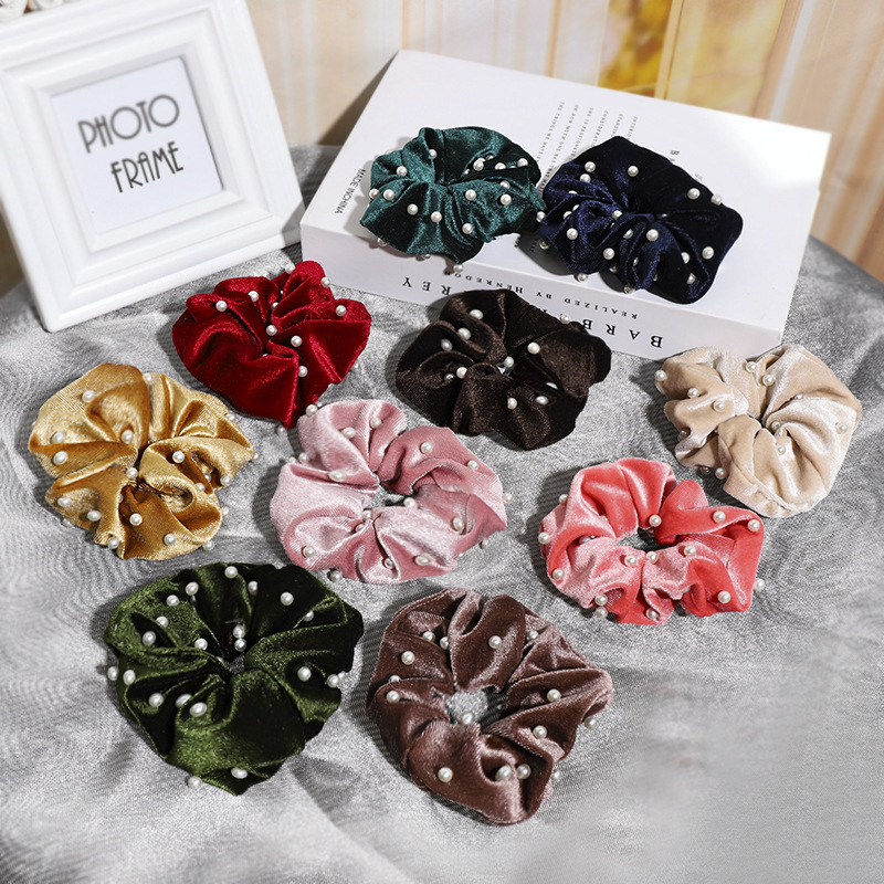 Korean Temperament Gold Velvet Cloth Headwear Nail Pearl Hair Ring Large Intestine Ring Hair Rope Head Flower Hair Accessories Wholesale Nihaojewelry display picture 2