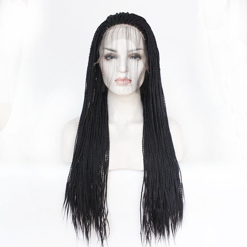 Fashion black hair small dirty braid wig half hand hook chemical fiber front lace head cover European and American two-strand twisted braid wig