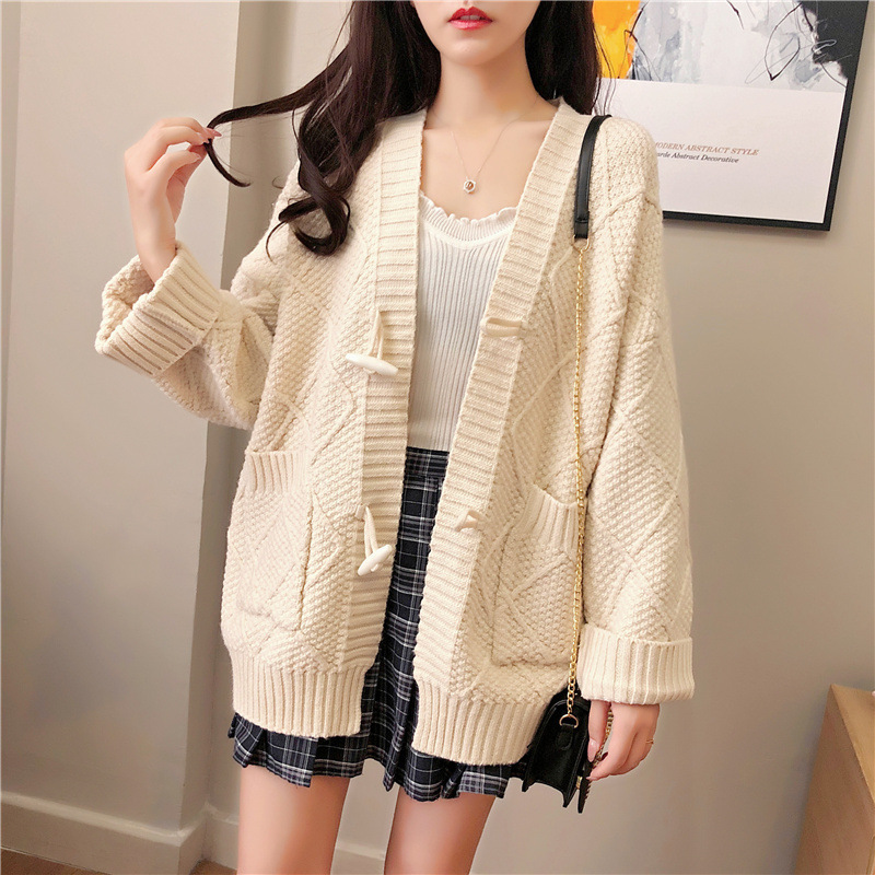 2023 Autumn and Winter New Korean Style Coarse Wool Horns Sweater Women's Coat Loose V-Neck Twist Knitted Cardigan Trendy