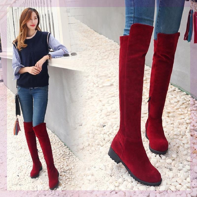 Foot curb autumn and winter New flat heel women's boots thick heel side zipper high boots knee boots large size legs