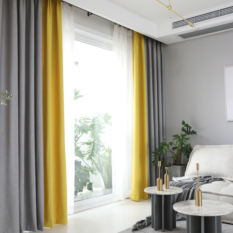 厂价直销纯色加厚流星麻拼接窗帘布酒店工程别墅新中式窗帘微语|ru