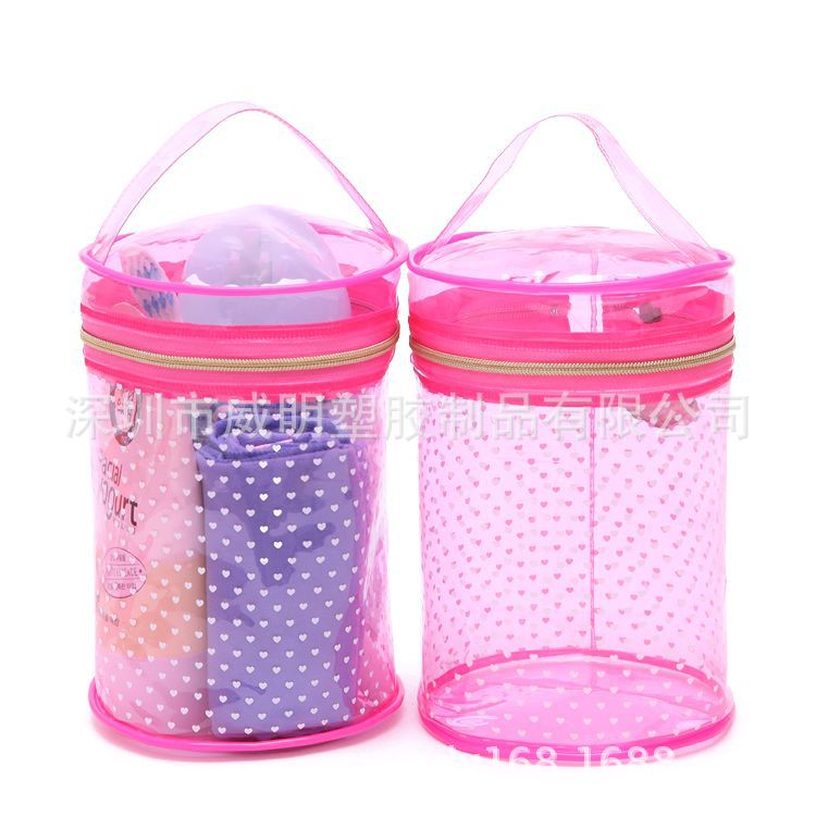新款PVC旅行洗漱收纳袋透明粉色圆筒手提拉链袋 立体胶骨袋包装袋