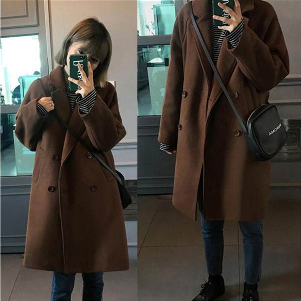 毛呢外套女中长款反季韩版宽松新款秋冬加厚修身显瘦学生纯色大衣