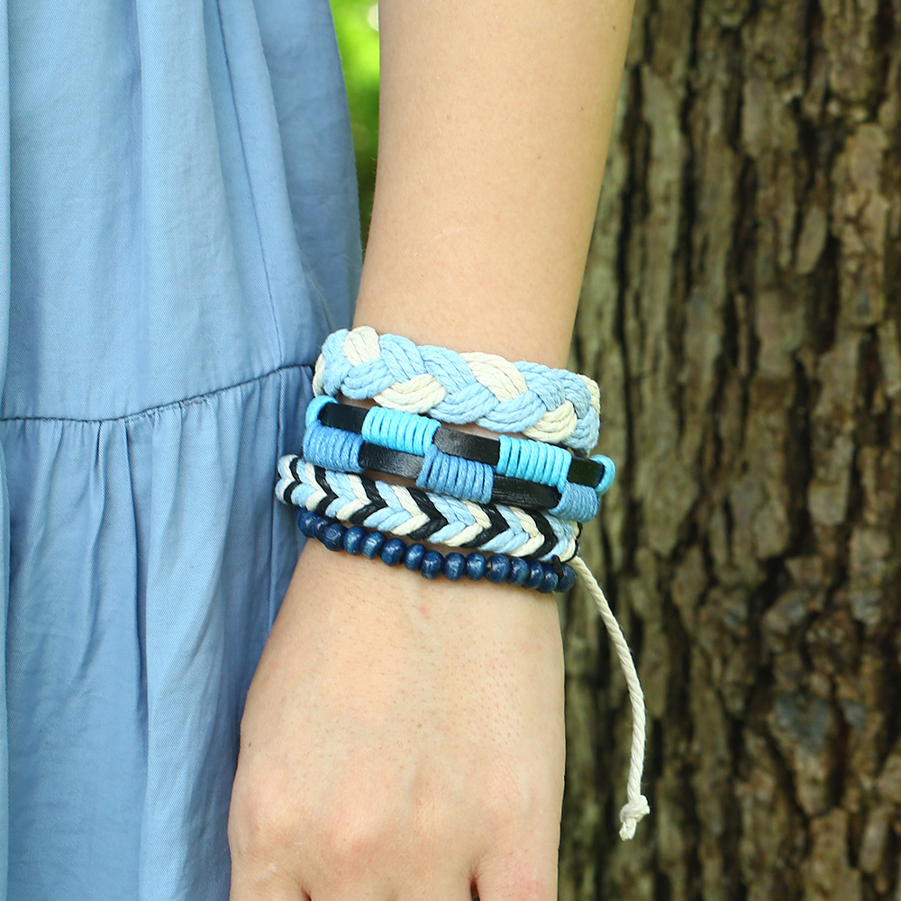 Hemp rope woven bracelet simple wooden beads four-piece cow bracelet