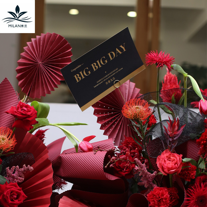 Tarjeta de felicitación afortunada de apertura de estilo coreano Tarjeta de bendición de cesta de flores tarjeta de felicitación de mensaje en auge comercial de fuente dorada