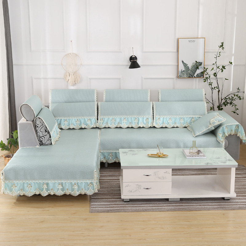 夏季歐式四季防滑沙發巾布藝韓冰藤席蕾絲花邊涼席沙發墊坐套批發
