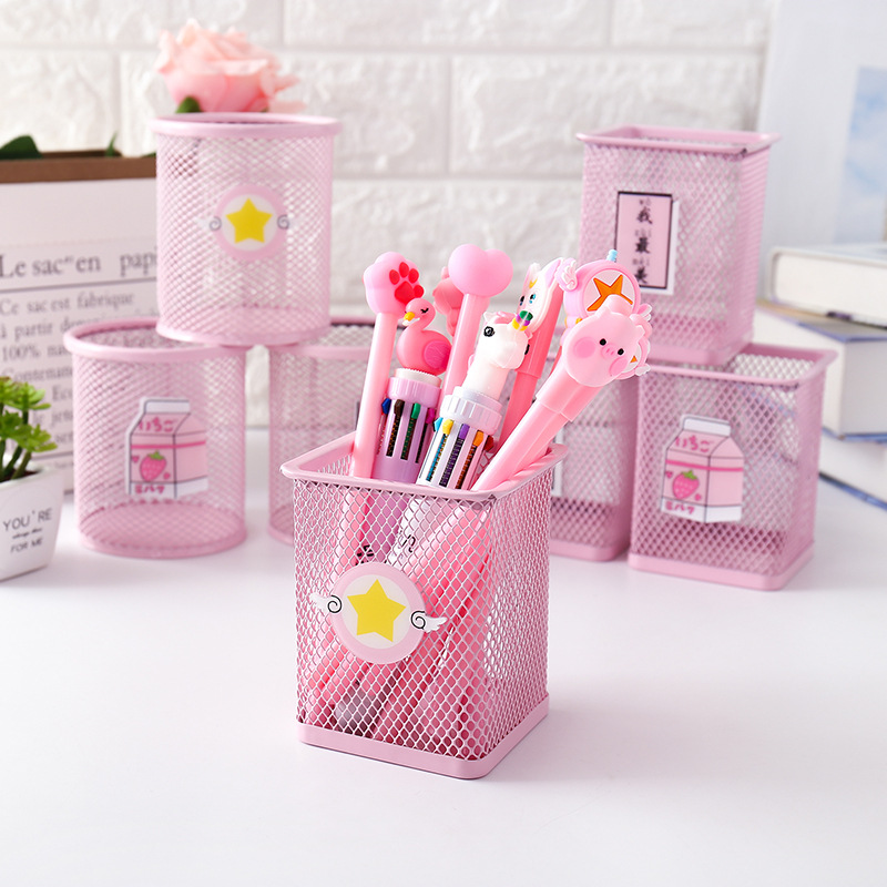 2339 Pink girl Metal Network Rail pen container student Cartoon Acrylic multi-function desktop pen container storage box