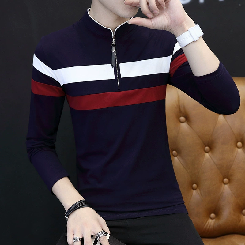 Осень 2021, новая мужская футболка на молнии с длинными рукавами, приталенный Молодежный Повседневный базовый топ в Корейском стиле с воротником в тон