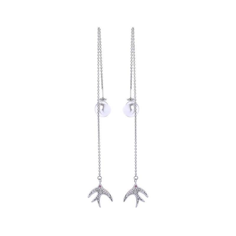 925 Silver Needle Creative Long Small Swallow Pearl Pendant Earrings Female Korean Fashion Ear Line display picture 13