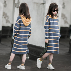 Girls' Dresses 2023 New Autumn and Winter Dresses Western Style Long Sleeves Little Girls Princess Dresses Children's Wear Striped Knitted Skirt