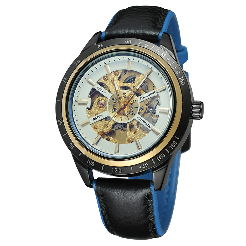 Forsining correa de reloj mecánico automático casual para hombres reloj mecánico transparente hueco de los hombres