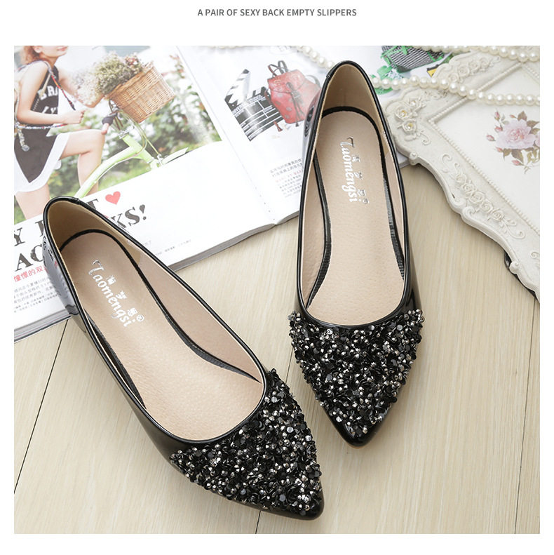 Giày bệt nữ mũi nhọn miệng nông đính sequin và đá pha lê, đế mềm nhẹ nhàng — Màu mơ, Màu đen chi tiết 10