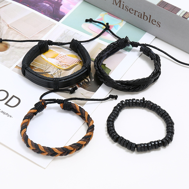 Cuentas De Madera Traje Pulsera Diy Hilo De Cera Pulsera Tejida Hombres Cuero Joyas display picture 3