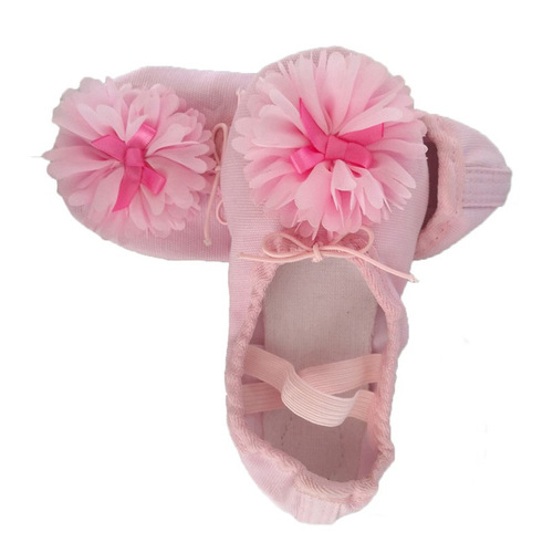Pink Double-Woven Large Floral Dance Shoes with Pink Flowers, Rose Red Bow, 100% Cotton, Children's Ballet Shoes for Girls