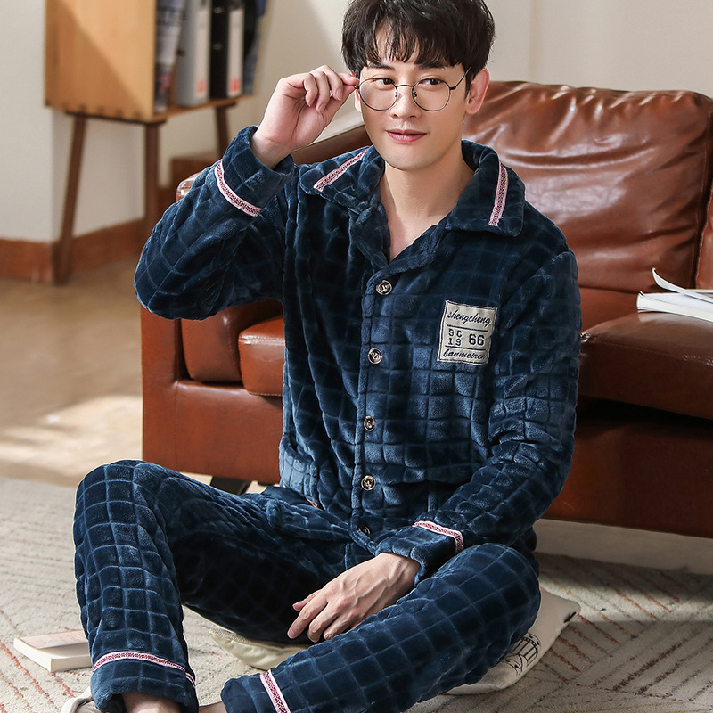 Autumn and winter new men's pajamas flannel plus plush thickened home clothes long sleeves two sets wholesale spot