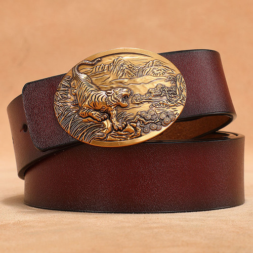 Retro belt men's buckle belt genuine leather plus large size 140150cm pure cowhide smooth buckle jeans belt