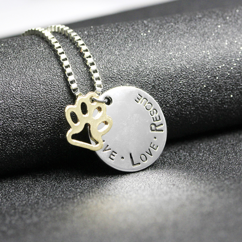 lettering round hollow cat claw pendant necklace letters Love Rescue dog claw necklace wholesale nih