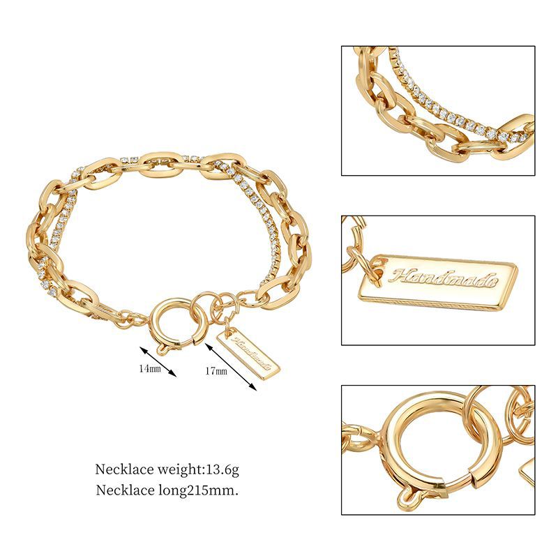 European And American Fashion Hipster Copper Thick Chain Double Rhinestone Bracelet display picture 1