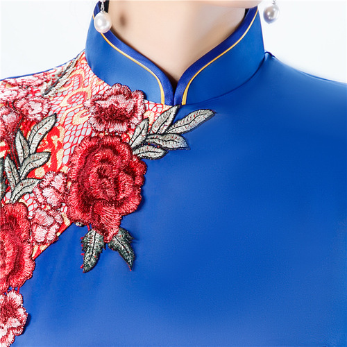 Chinese Dress Qipao for women Moon cheongsam blue side flower long waisted cheongsam show cheongsam