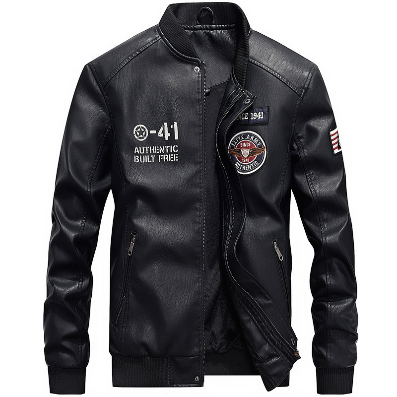 Amazon Men's Baseball Collar Embroidered Letter Washed Pu Leather Jacket All-match Leather Jacket for Youth
