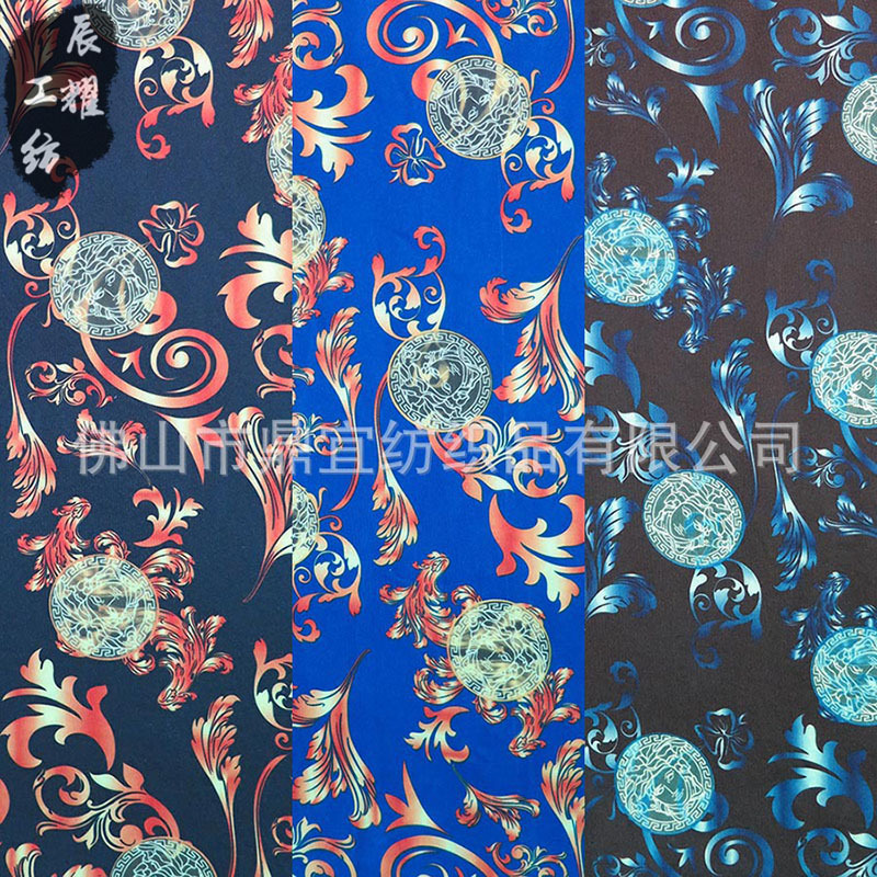 针织印花面料 弹力仿牛仔面料 时尚流行女装童装印花面料|ru