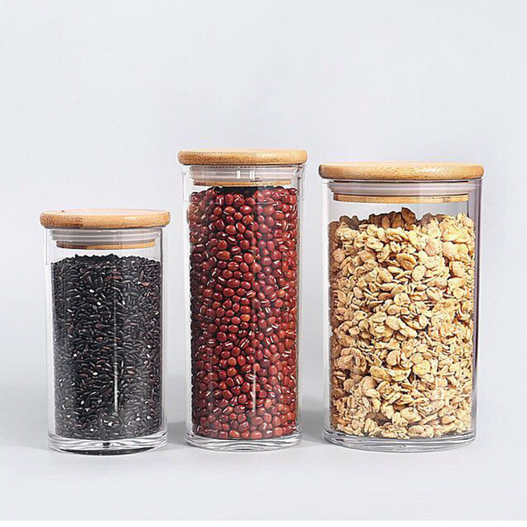 批发竹盖亚克力瓶子 食品干果杂粮圆形透明包装瓶茶叶包装密封罐