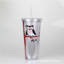 广东厂家供应700ML双层塑料吸管水杯AS塑料大冰杯珍珠奶茶杯子
